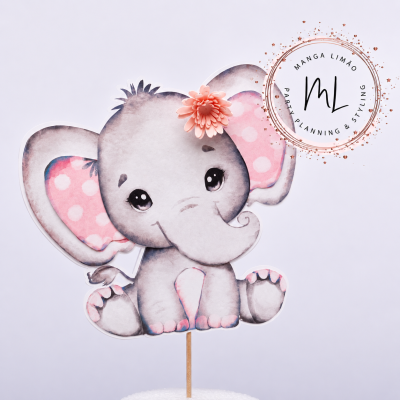 Topo de bolo elefante cBandeirola personalizada Elefante Rosa com letra decorativa e elefante com ba
