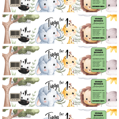 Etiqueta infantil com ilustração de animais e texto 'Tiago faz 1'