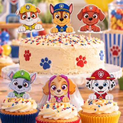 Bolo e cupcakes com decoração da série Paw Patrol em festa colorida