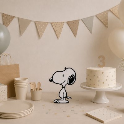 Decoração de festa com balões, bolo com vela 3, bandeirolas, chapéu de festa, pratos, copos, talheres e flores num vaso