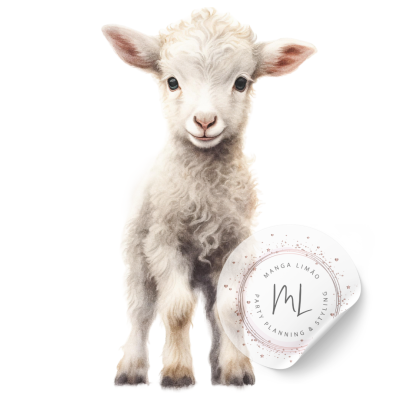 Cordeiro branco com pêlos encaracolados e etiqueta branca redonda com texto MANGA LIMÃO