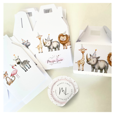 Caixas brancas para festas com ilustrações de animais e autocolante MANGA LIMÃO