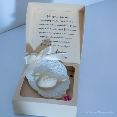 Caixa aberta com peça decorativa branca em gesso, formato oval com pássaro e texto em português dentro da tampa.