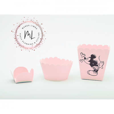 Recipientes para festa em papel rosa claro com personagem Mickey Mouse e logotipo MANGA LIMÃO.