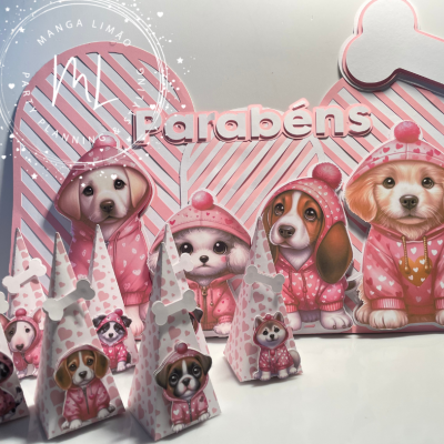 Decoração de festa com tema cães em casacos rosas com padrão bolinhas, texto Parabéns