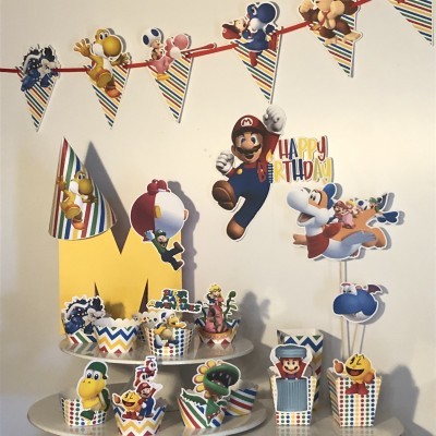 Decoração de festa de aniversário Super Mario com personagens coloridos e padrões risca e zigzag