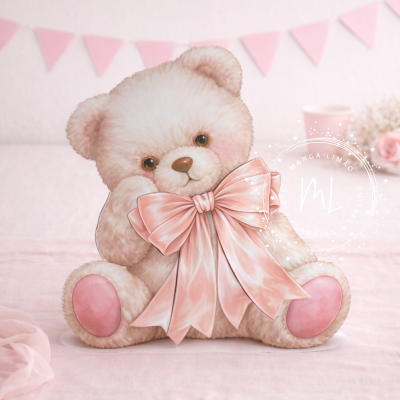 Urso de peluche branco com laço cor-de-rosa e decoração de festa cor-de-rosa