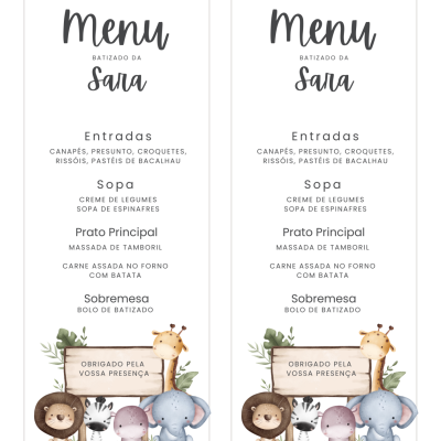 Menus para batizado da Sara com texto e ilustrações de animais