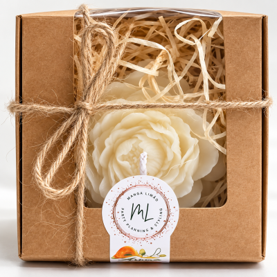 Caixa de presente kraft com vela branca em forma de flor e laço de corda