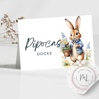Cartão com ilustração de coelho e texto Pipocas DOCES