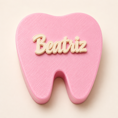 Caixa decorativa em forma de dente cor-de-rosa com nome Beatriz em relevo