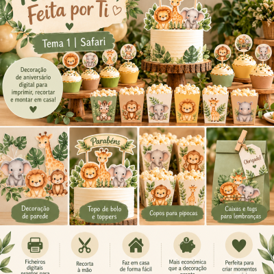 Kit digital para festa Safari com decoração de animais em tons verdes e castanhos