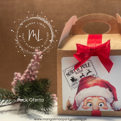 Embalagem com fita vermelha e etiqueta de Natal mostrando Papai Noel