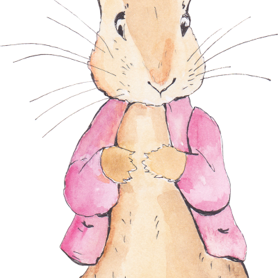 Ilustração de um coelho castanho claro com casaco rosa