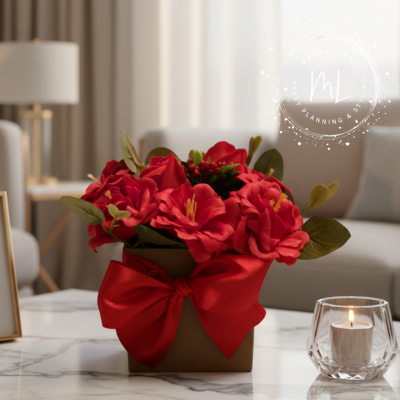 Arranjo de flores vermelhas com laço vermelho em vaso castanho numa mesa de mármore com vela acesa