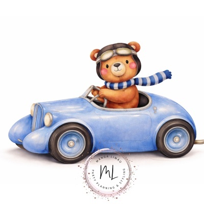 Urso castanho a conduzir carro azul retro com capacete preto e cachecol às riscas.