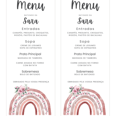 Dois menus de batizado com texto preto e arco-íris rosa e flores no fundo branco.