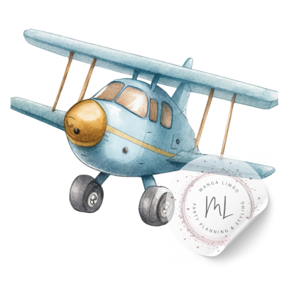 Desenho aquarelado de avião azul claro com selo branco MANGA LIMÃO