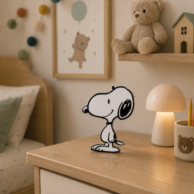 Figura decorativa de Snoopy na mesa em quarto infantil com candeeiro, lápis de cor, livros e peluche