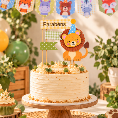 Bolo decorado com leão de papel e bandeirinhas coloridas com texto Parabéns