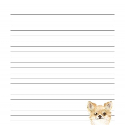 Papel pautado branco com linhas pretas e cão pequeno na parte inferior direita