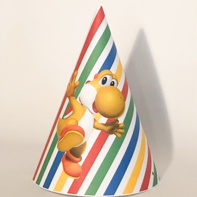 Chapéu de festa cónico com riscas coloridas e personagem animada