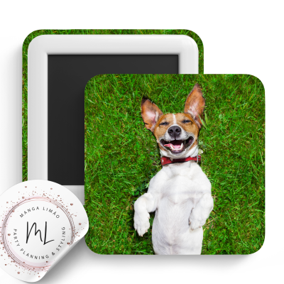 Imã quadrado com foto de cão branco e castanho deitado na relva verde