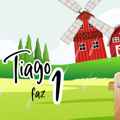 Cenário campestre colorido com moinho e celeiro vermelhos, e texto de agradecimento em português