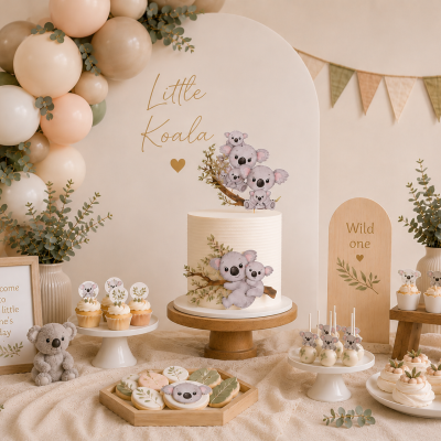 Mesa decorada para festa infantil com tema de koalas em tons creme e verde.