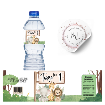 Garrafa de água com rótulo personalizado de safari e puré de manga e limão com rótulos informativos