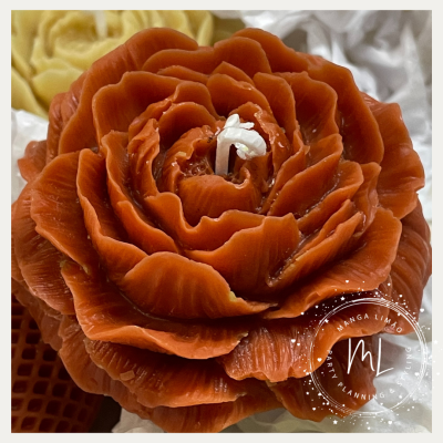 Vela castanho alaranjada em forma de flor detalhada com pavio