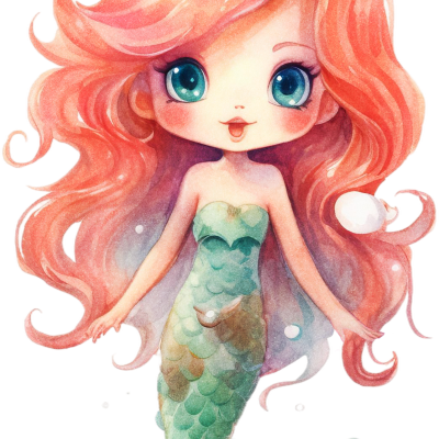 Ilustração de uma sereia com cabelo coral e cauda verde