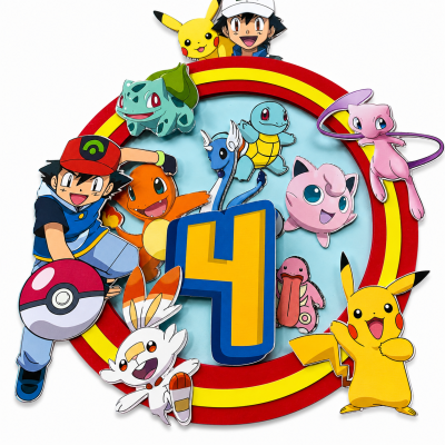 Decoração de aniversário Pokémon com personagens e número 4 colorido