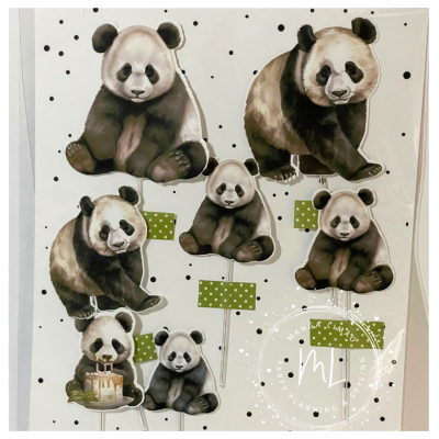 Autocolantes de pandas realistas em cores preto, branco e bege com etiquetas verdes de bolinhas