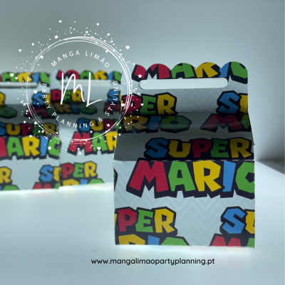 Caixa decorativa Super Mario com padrão colorido em papel branco