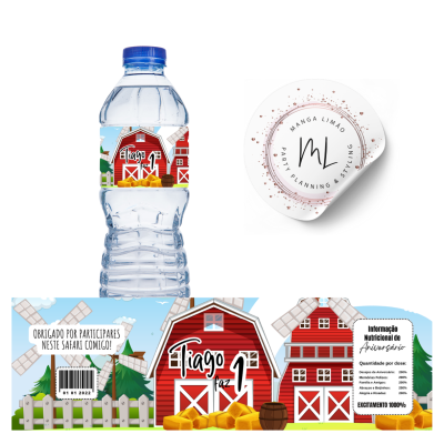 Garrafa de água com rótulo de manga, pacote redondo de manga limão e tira de papel com celeiros e texto em português