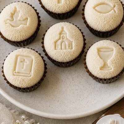 Seis cupcakes com símbolos religiosos brancos em prato branco sobre mesa com flores e guardanapo.