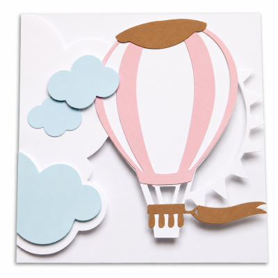 Cartão decorativo com balão aerostático cor-de-rosa e castanho em relevo e nuvens azuis de papel