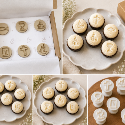 Carimbos e moldes brancos e bege com símbolos religiosos e cupcakes decorados num prato cerâmico