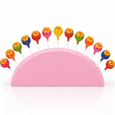 Pirulitos coloridos Chupa Chups organizados numa base cor-de-rosa
