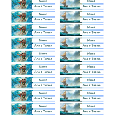 Etiquetas para cadernos com imagens de Moana e espaços para Nome Ano e Turma
