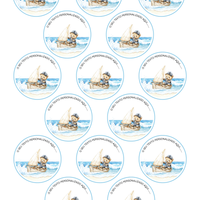 Etiquetas redondas com ursinho num barco e texto personalizável