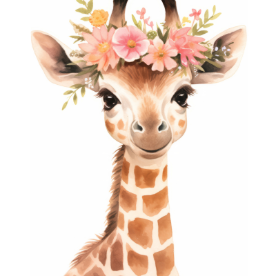 Desenho de girafa com flores na cabeça em fundo branco