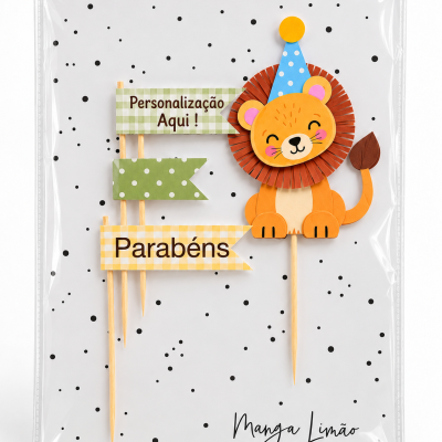 Topper para bolo com design de leão em papel e placas personalizáveis coloridas