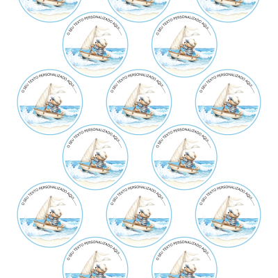Etiquetas redondas com urso em barco à vela e texto personalizável