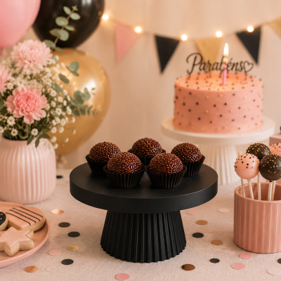 Mesa festiva com bolo cor-de-rosa, brigadeiros, espetadas de chocolate, biscoitos decorados e decoração em tons rosa e dourado