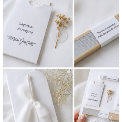 Conjunto de papelaria branca com envelope, flores secas, palitos e fita decorativa