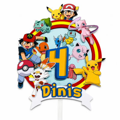 Elemento decorativo para bolo Pokémon com número 4 e texto Dinis.