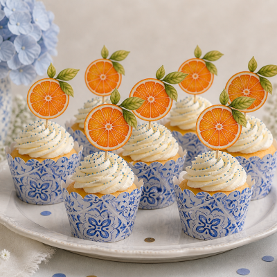 Seis cupcakes decorados com cobertura branca e granulados azuis em forminhas azuis com padrão, com toppers de fatias de laranja e folhas verdes.