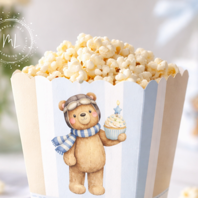 Contentor de pipocas com ilustração de urso e cupcake